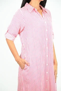 One Summer Megan Collared Button Down Midi Dress in Pink Lemonade- Long Sleeved Dresses | Midi Dresses