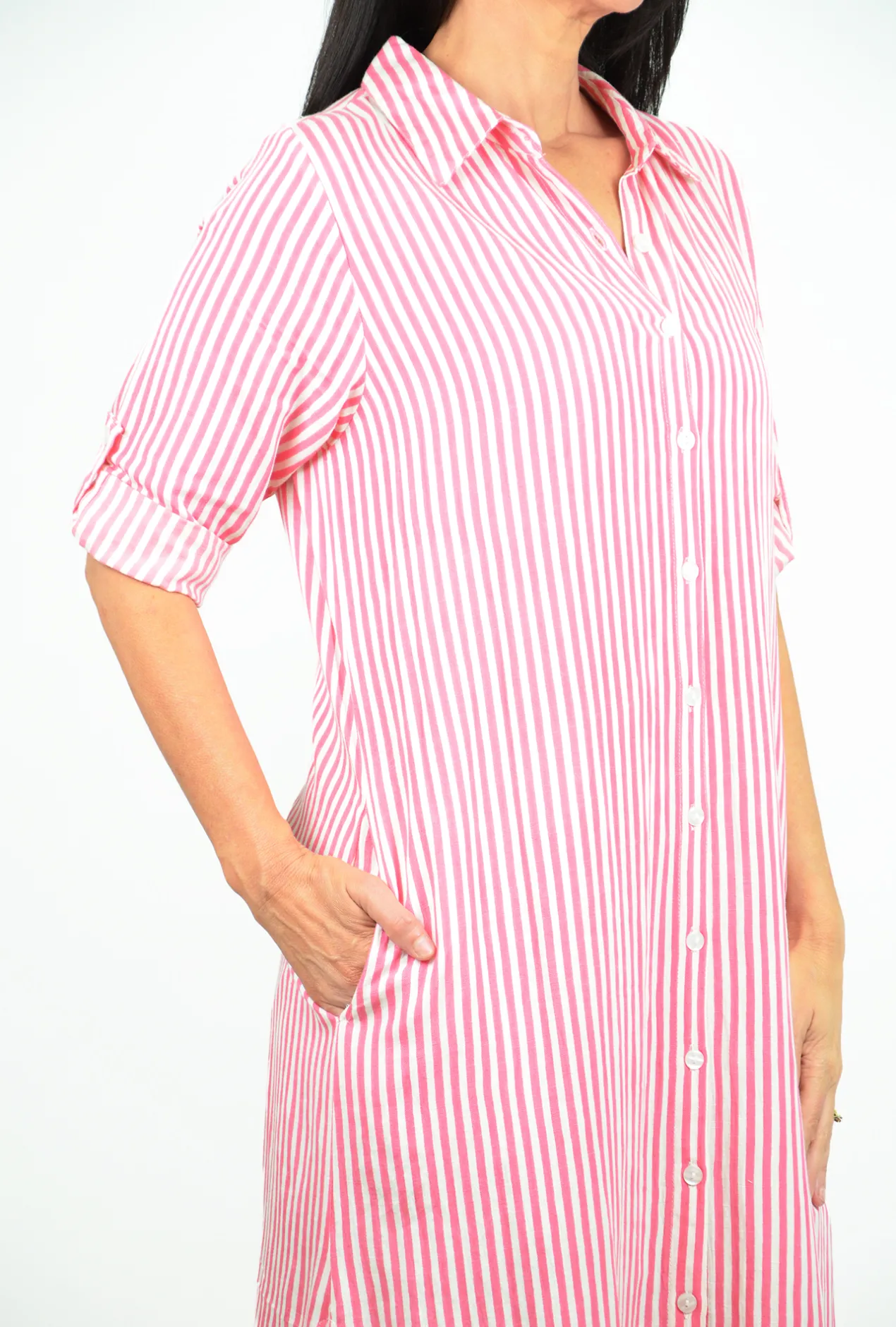 One Summer Megan Collared Button Down Midi Dress in Pink Lemonade- Long Sleeved Dresses | Midi Dresses