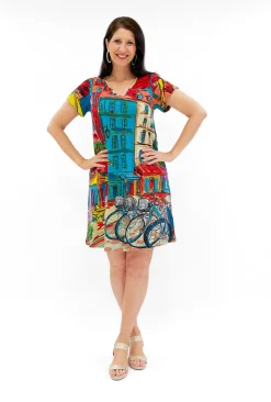 Orientique Melody Cotton V-Neck T-Shirt Dress in Paris Multi- Short Sleeved Dresses | Cotton Dresses