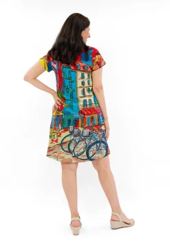 Orientique Melody Cotton V-Neck T-Shirt Dress in Paris Multi- Short Sleeved Dresses | Cotton Dresses
