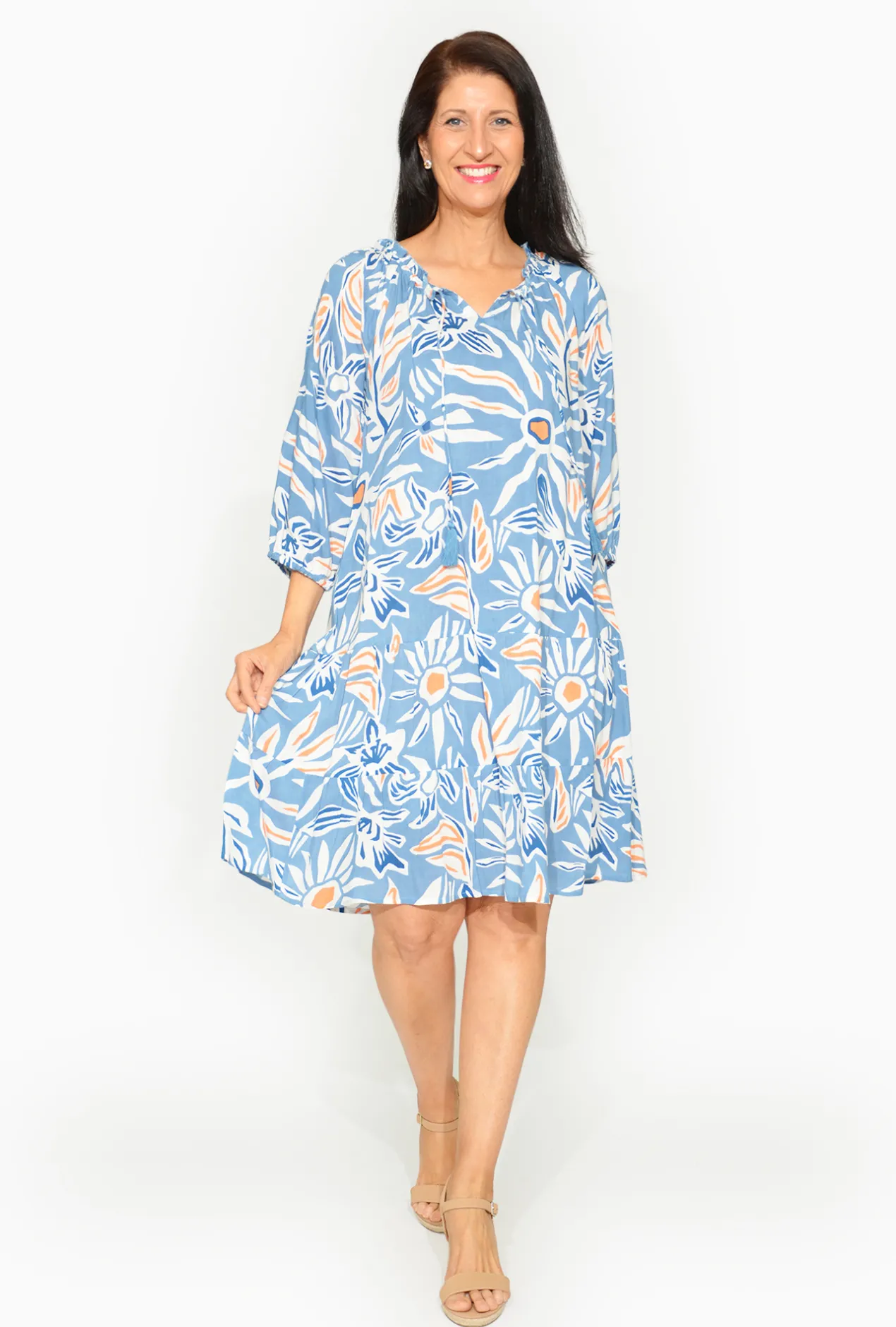 One Summer Mia Rayon 3/4 Sleeve Tassel Dress in- Long Sleeved Dresses | Knee Length Dresses