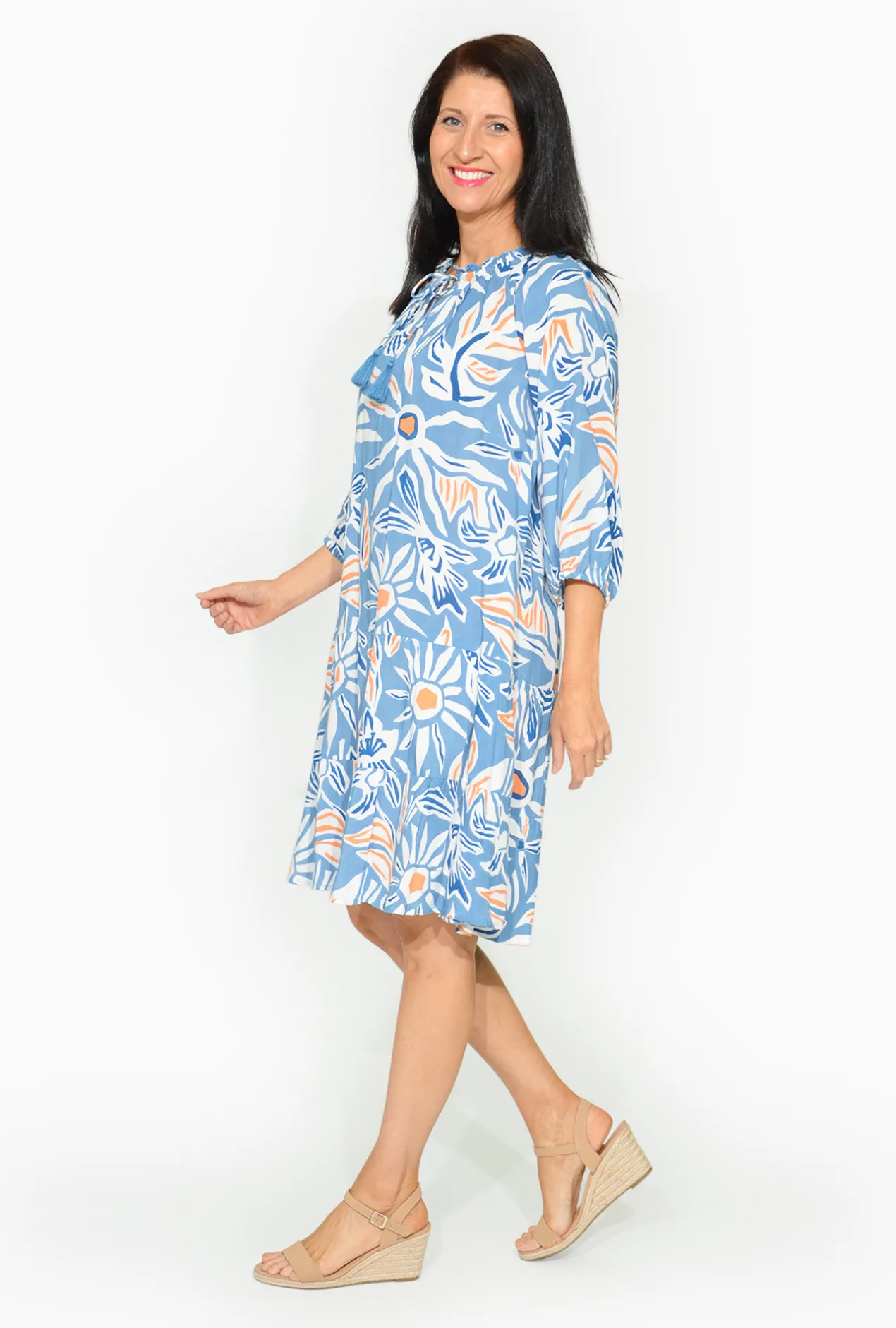 One Summer Mia Rayon 3/4 Sleeve Tassel Dress in- Long Sleeved Dresses | Knee Length Dresses