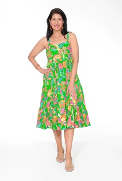 Orientique Mikaela Organic Cotton Sleeveless Midi Dress in Green- Cotton Dresses | Sleeveless Dresses