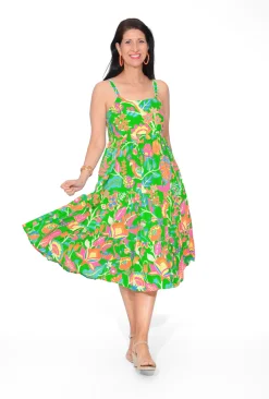 Orientique Mikaela Organic Cotton Sleeveless Midi Dress in Green- Cotton Dresses | Sleeveless Dresses