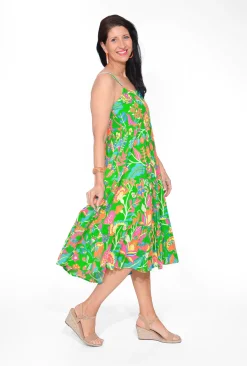 Orientique Mikaela Organic Cotton Sleeveless Midi Dress in Green- Cotton Dresses | Sleeveless Dresses