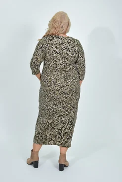 Cotton Village Moana Leopard Elbow Sleeve Midi Dress in Khaki- Midi Dresses | Long Dresses