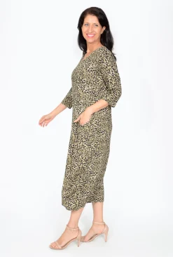 Cotton Village Moana Leopard Elbow Sleeve Midi Dress in Khaki- Midi Dresses | Long Dresses