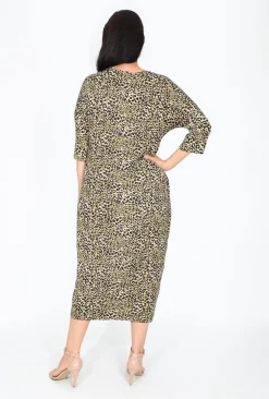 Cotton Village Moana Leopard Elbow Sleeve Midi Dress in Khaki- Midi Dresses | Long Dresses