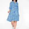 One Summer Molly Cotton V-Neck Dress in Blue Block- Long Sleeved Dresses | Cotton Dresses