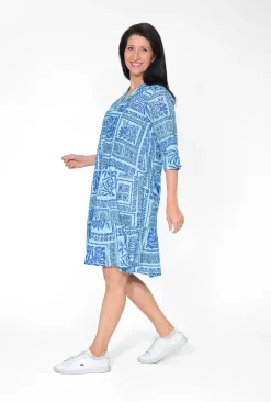 One Summer Molly Cotton V-Neck Dress in Blue Block- Long Sleeved Dresses | Cotton Dresses