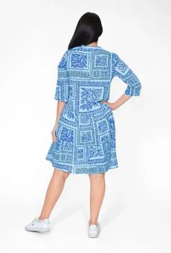 One Summer Molly Cotton V-Neck Dress in Blue Block- Long Sleeved Dresses | Cotton Dresses