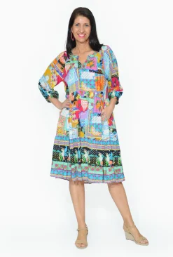 Escape Naomi Rayon Long Sleeve Boho Dress in Travel Mix- Knee Length Dresses | Sleeved Dress