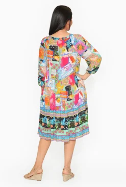 Escape Naomi Rayon Long Sleeve Boho Dress in Travel Mix- Knee Length Dresses | Sleeved Dress