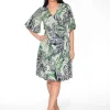 Orientique Nellie Rayon Elbow Sleeve Wrap Dress in Green & Black- Knee Length Dresses | Sleeved Dress
