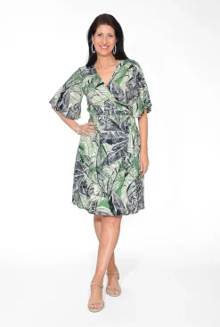 Orientique Nellie Rayon Elbow Sleeve Wrap Dress in Green & Black- Knee Length Dresses | Sleeved Dress