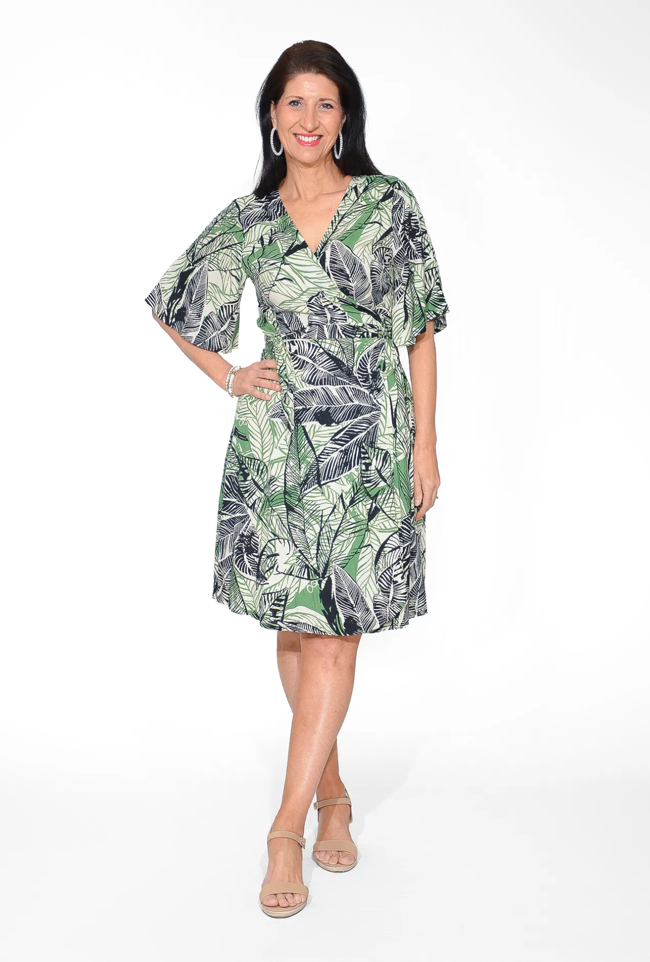 Orientique Nellie Rayon Elbow Sleeve Wrap Dress in Green & Black- Knee Length Dresses | Sleeved Dress