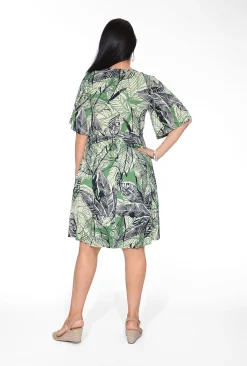 Orientique Nellie Rayon Elbow Sleeve Wrap Dress in Green & Black- Knee Length Dresses | Sleeved Dress