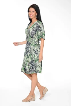 Orientique Nellie Rayon Elbow Sleeve Wrap Dress in Green & Black- Knee Length Dresses | Sleeved Dress