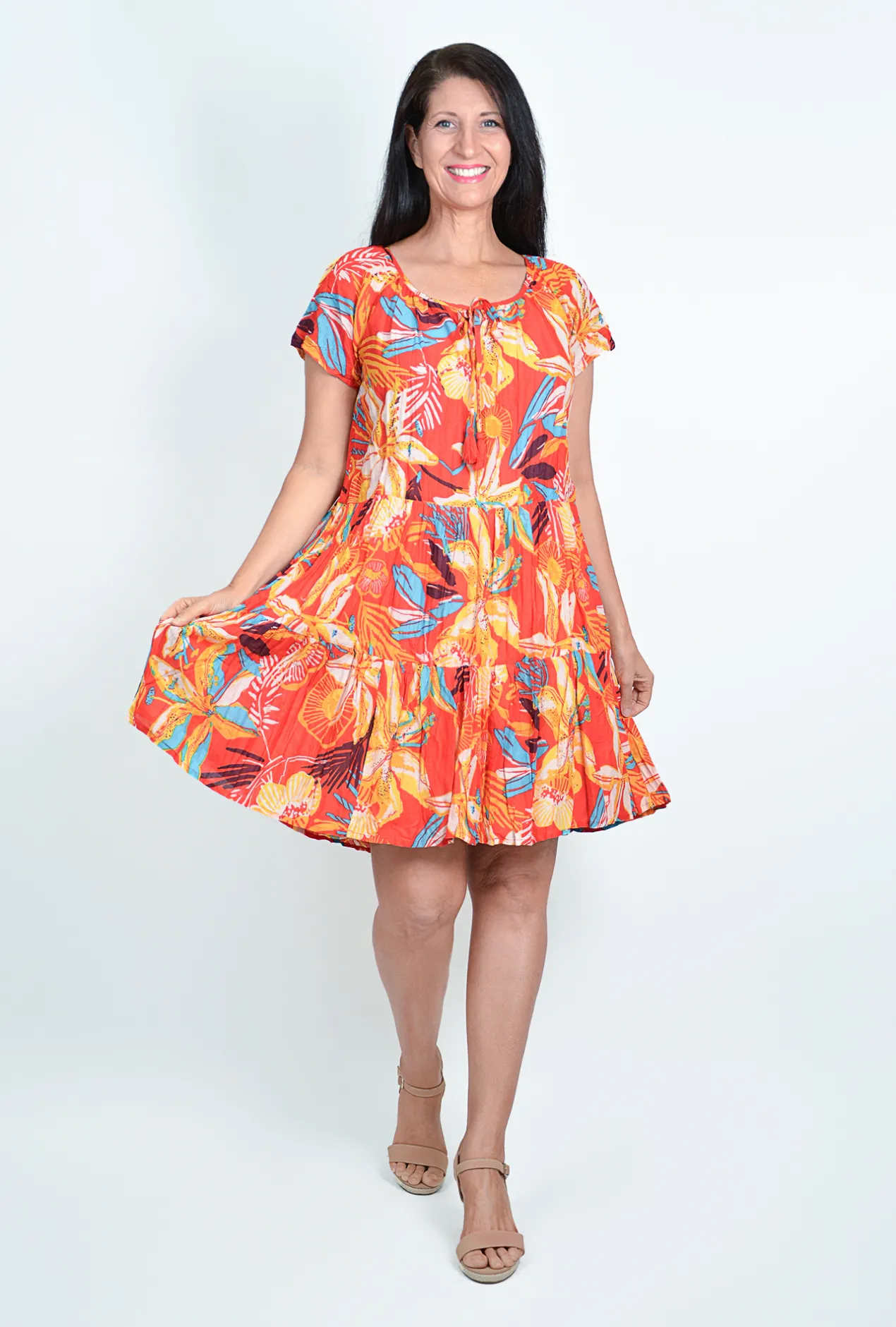 One Summer Nora Short Sleeve Tassel V-Neck Dress in Orange- Above Knee Dresses | Knee Length Dresses