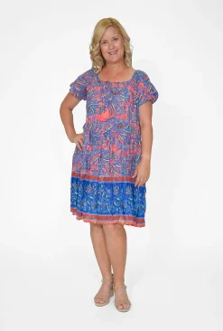 One Summer Nora Short Sleeve Tassel V-Neck Dress in Pink & Blue- Above Knee Dresses | Knee Length Dresses