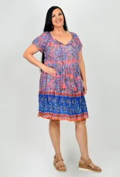 One Summer Nora Short Sleeve Tassel V-Neck Dress in Pink & Blue- Above Knee Dresses | Knee Length Dresses