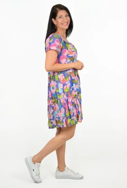 One Summer Nora Short Sleeve Tassel V-Neck Dress in Pink & Purple- Above Knee Dresses | Cotton Dresses