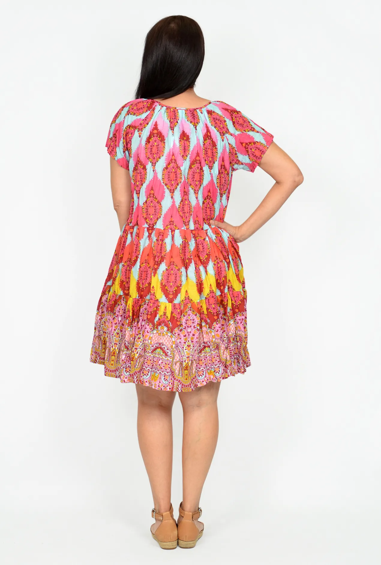 One Summer Nora Short Sleeve Tassel V Neck Dress in Pink Samba- Knee Length Dresses | Cotton Dresses