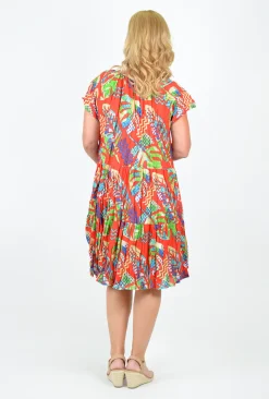 One Summer Nora Short Sleeve Tassel V-Neck Dress in Red Multi- Above Knee Dresses | Knee Length Dresses