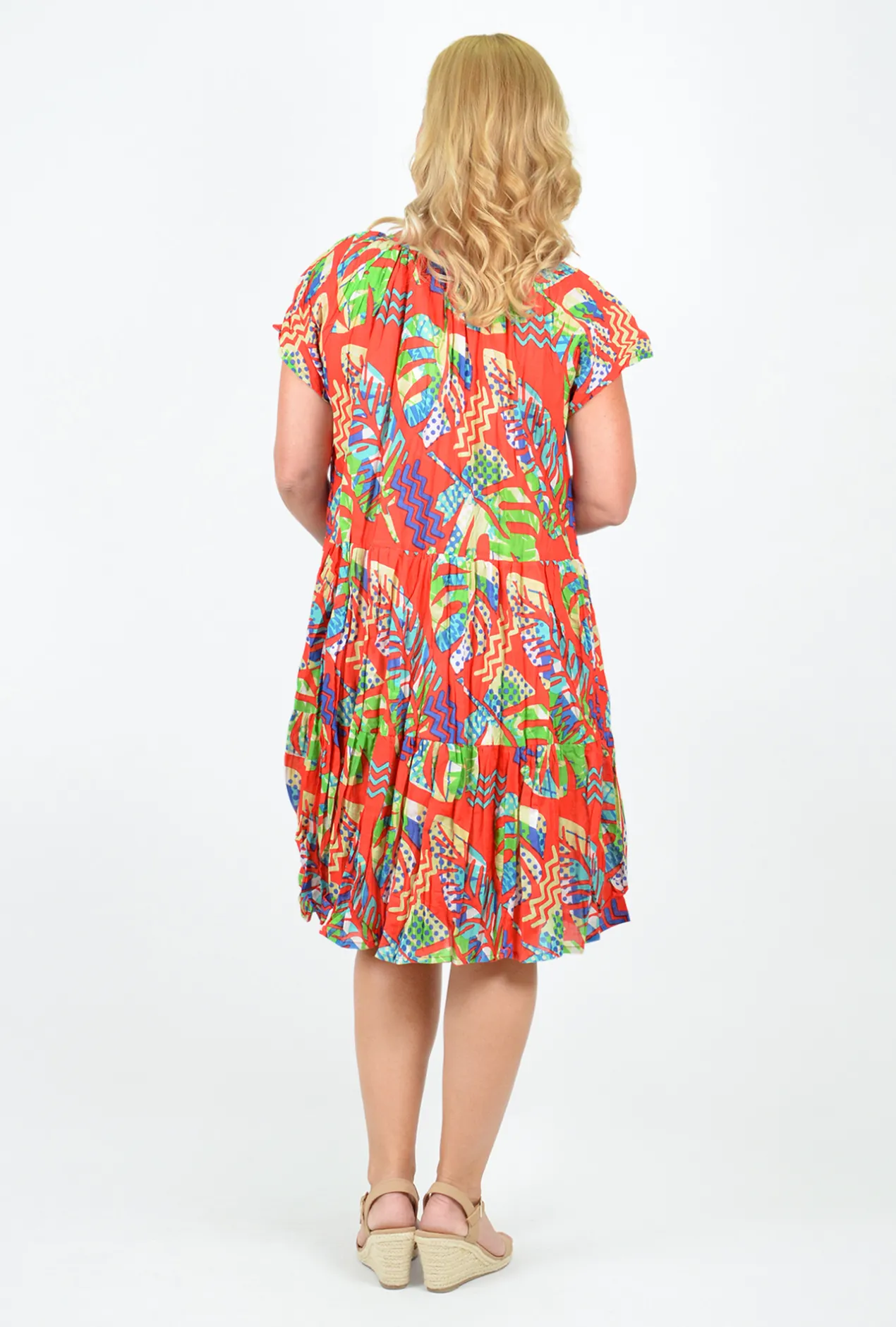 One Summer Nora Short Sleeve Tassel V-Neck Dress in Red Multi- Above Knee Dresses | Knee Length Dresses