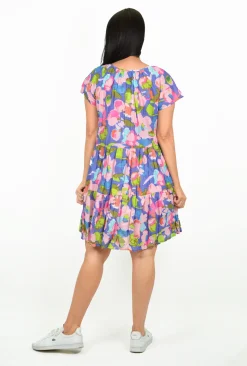 One Summer Nora Short Sleeve Tassel V-Neck Dress in Pink & Purple- Above Knee Dresses | Cotton Dresses