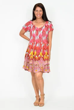 One Summer Nora Short Sleeve Tassel V Neck Dress in Pink Samba- Knee Length Dresses | Cotton Dresses