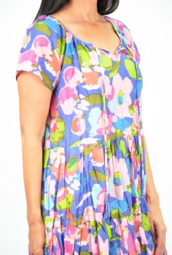 One Summer Nora Short Sleeve Tassel V-Neck Dress in Pink & Purple- Above Knee Dresses | Cotton Dresses