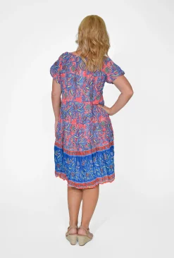 One Summer Nora Short Sleeve Tassel V-Neck Dress in Pink & Blue- Above Knee Dresses | Knee Length Dresses