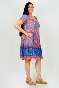 One Summer Nora Short Sleeve Tassel V-Neck Dress in Pink & Blue- Above Knee Dresses | Knee Length Dresses