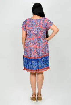 One Summer Nora Short Sleeve Tassel V-Neck Dress in Pink & Blue- Above Knee Dresses | Knee Length Dresses