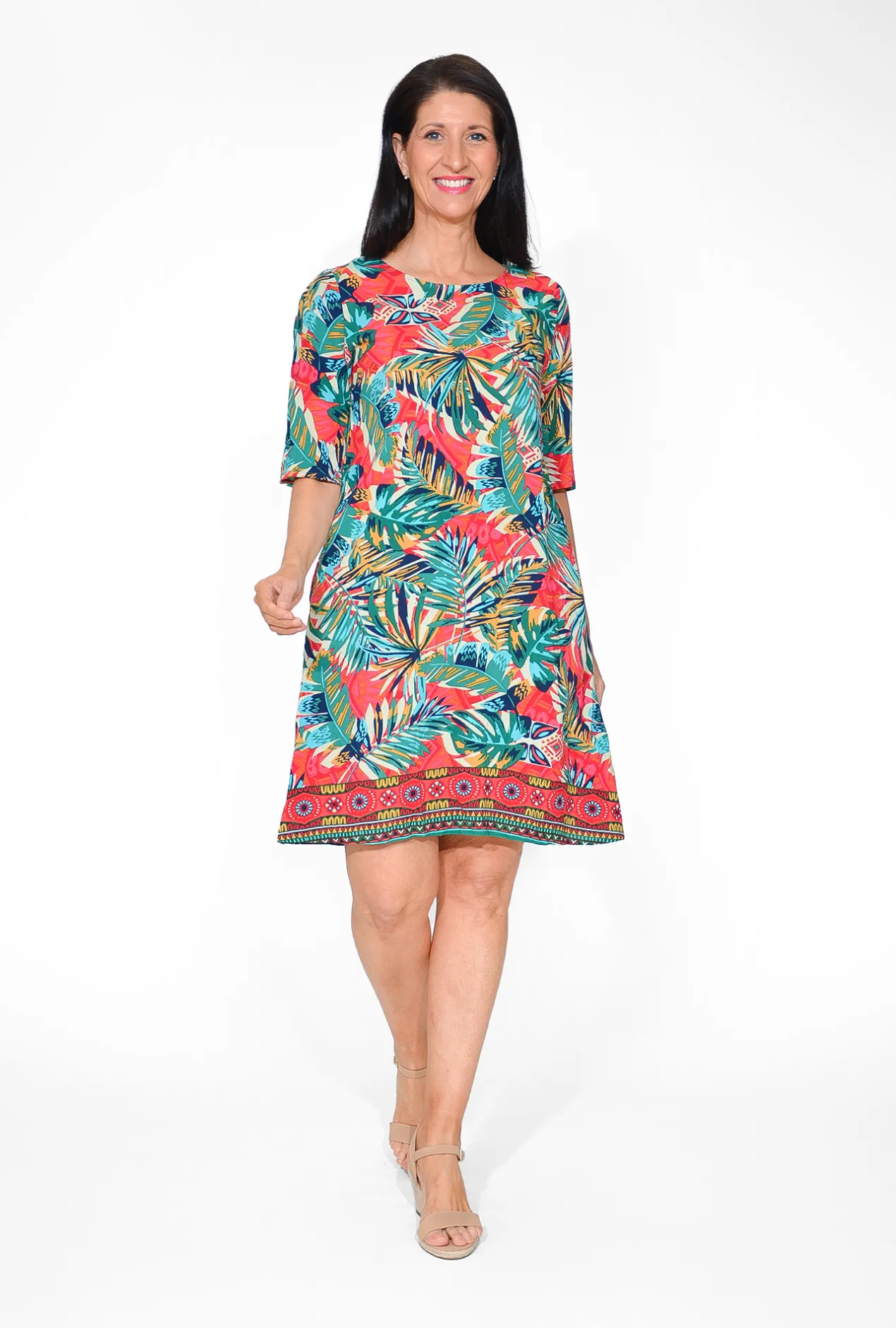 Orientique Nya Rayon Elbow Sleeved Shift Dress in & Green Tropics- Long Sleeved Dresses | Above Knee Dresses