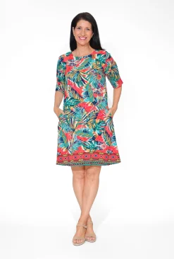 Orientique Nya Rayon Elbow Sleeved Shift Dress in & Green Tropics- Long Sleeved Dresses | Above Knee Dresses