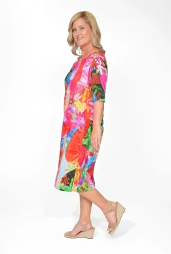 Orientique Nya Rayon Elbow Sleeved Shift Dress in- Knee Length Dresses | Sleeved Dress