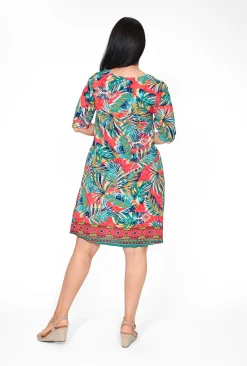 Orientique Nya Rayon Elbow Sleeved Shift Dress in & Green Tropics- Long Sleeved Dresses | Above Knee Dresses