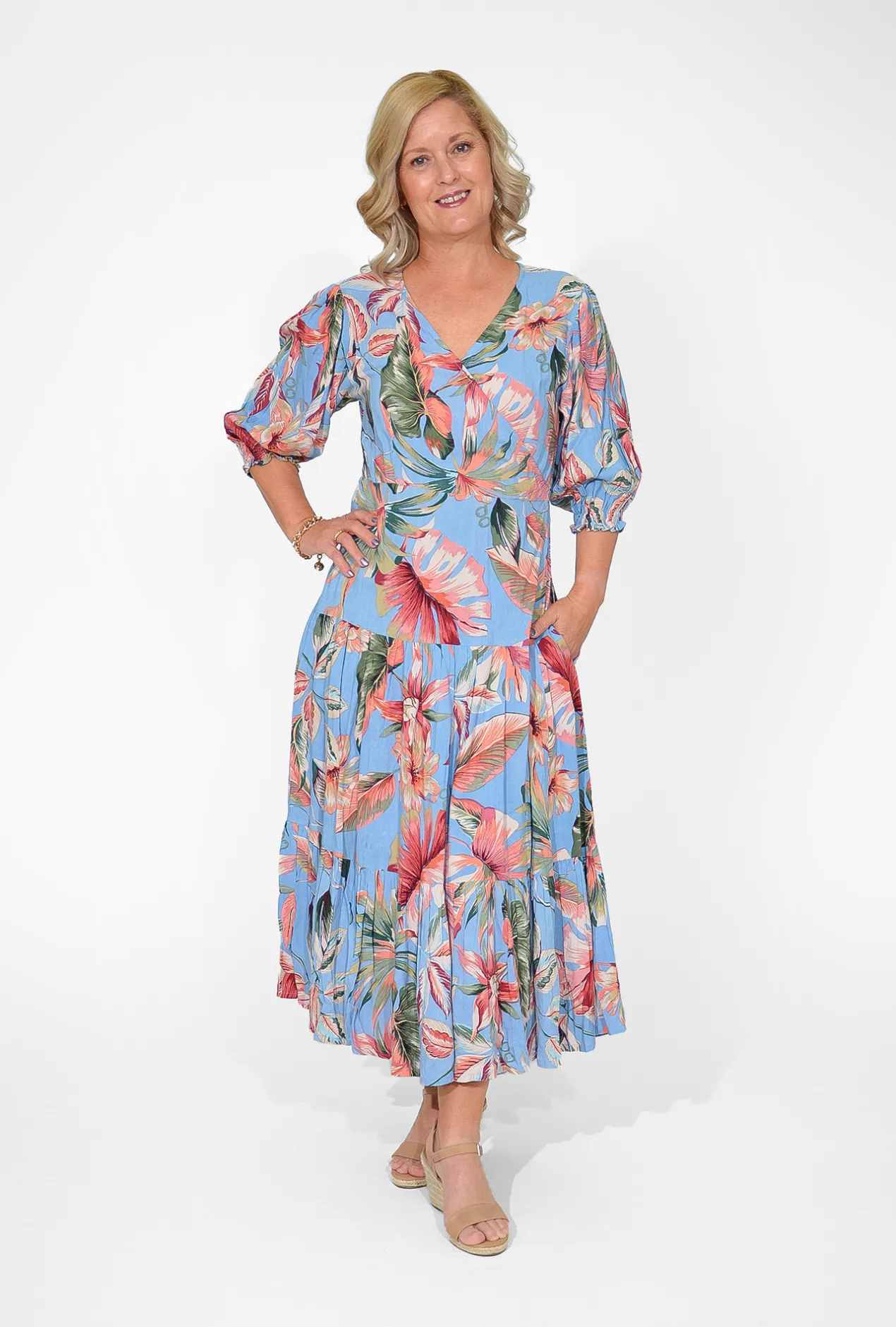 Orientique Nyla Rayon Short Sleeve Wrap Dress in Blue Tropics- Maxi Dresses | Long Dresses