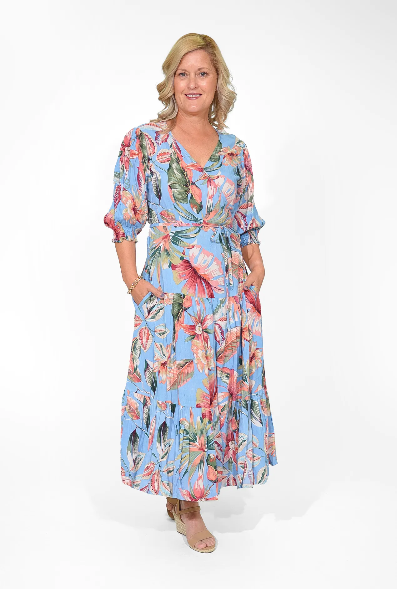 Orientique Nyla Rayon Short Sleeve Wrap Dress in Blue Tropics- Maxi Dresses | Long Dresses