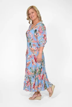 Orientique Nyla Rayon Short Sleeve Wrap Dress in Blue Tropics- Maxi Dresses | Long Dresses