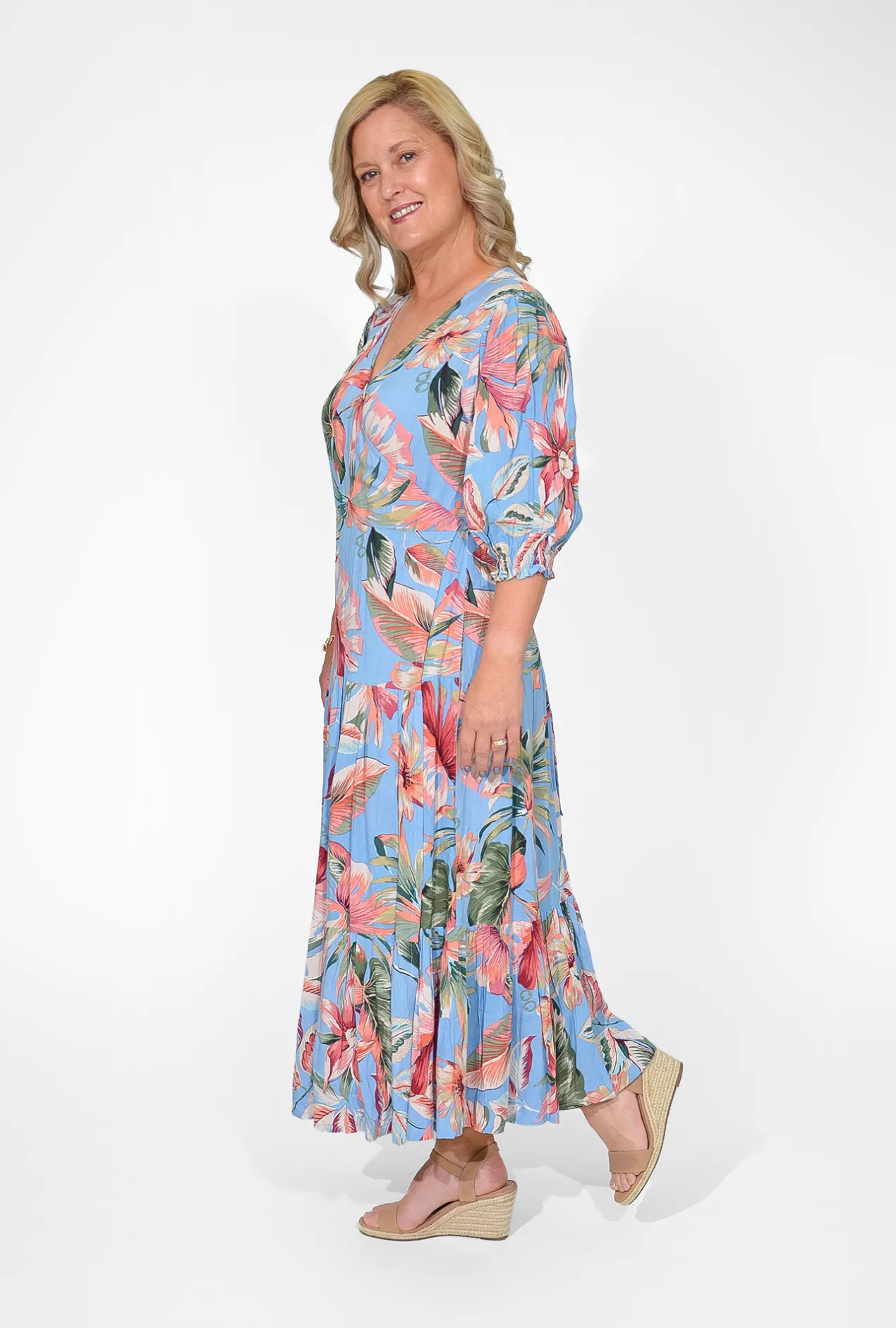 Orientique Nyla Rayon Short Sleeve Wrap Dress in Blue Tropics- Maxi Dresses | Long Dresses