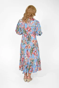 Orientique Nyla Rayon Short Sleeve Wrap Dress in Blue Tropics- Maxi Dresses | Long Dresses