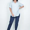Willow Tree Ophelia Cotton Button Up Blouse in Blue Stripe- Cotton Tops | Short Sleeve Tops
