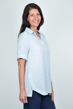 Willow Tree Ophelia Cotton Button Up Blouse in Blue Stripe- Cotton Tops | Short Sleeve Tops