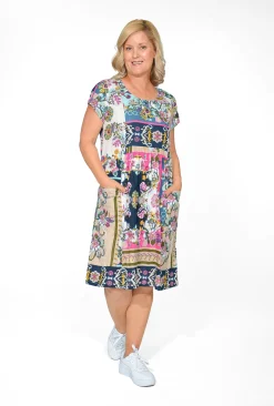 Orientique Orla Rayon Bubble Dress in Navy Motifs- Short Sleeved Dresses | Sleeved Dress