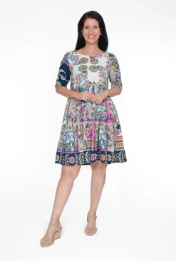 Orientique Paige Organic Cotton Layer Dress in Navy Motifs- Short Sleeved Dresses | Above Knee Dresses