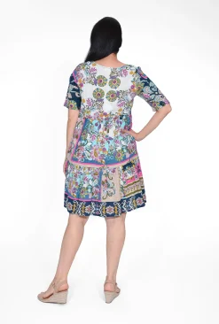 Orientique Paige Organic Cotton Layer Dress in Navy Motifs- Short Sleeved Dresses | Above Knee Dresses