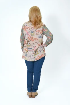Orientique Pattie Long Sleeve Shirt in Sage Multi- Cotton Tops | Long Sleeved Tops